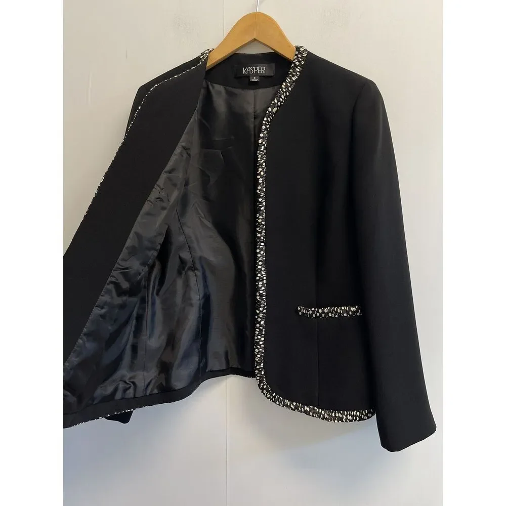 Kasper Black Business Jacket Sz 8 Polka dot Trim Blazer Open Front Lined Pockets